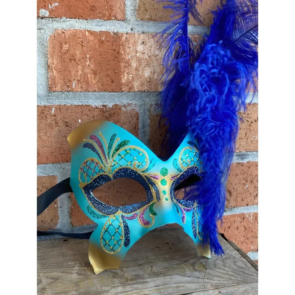 Pier 1 Mask Maschera Del Galeone Italy Hand-Painted Masquerade Blue Feathers